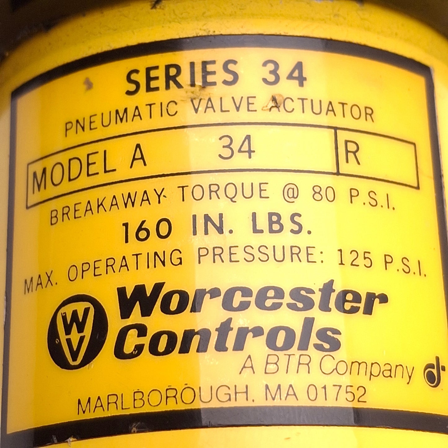 Used Worcester Controls A34 Double Acting Pneumatic Actuator 125psi, 1/2" NPT Conduit