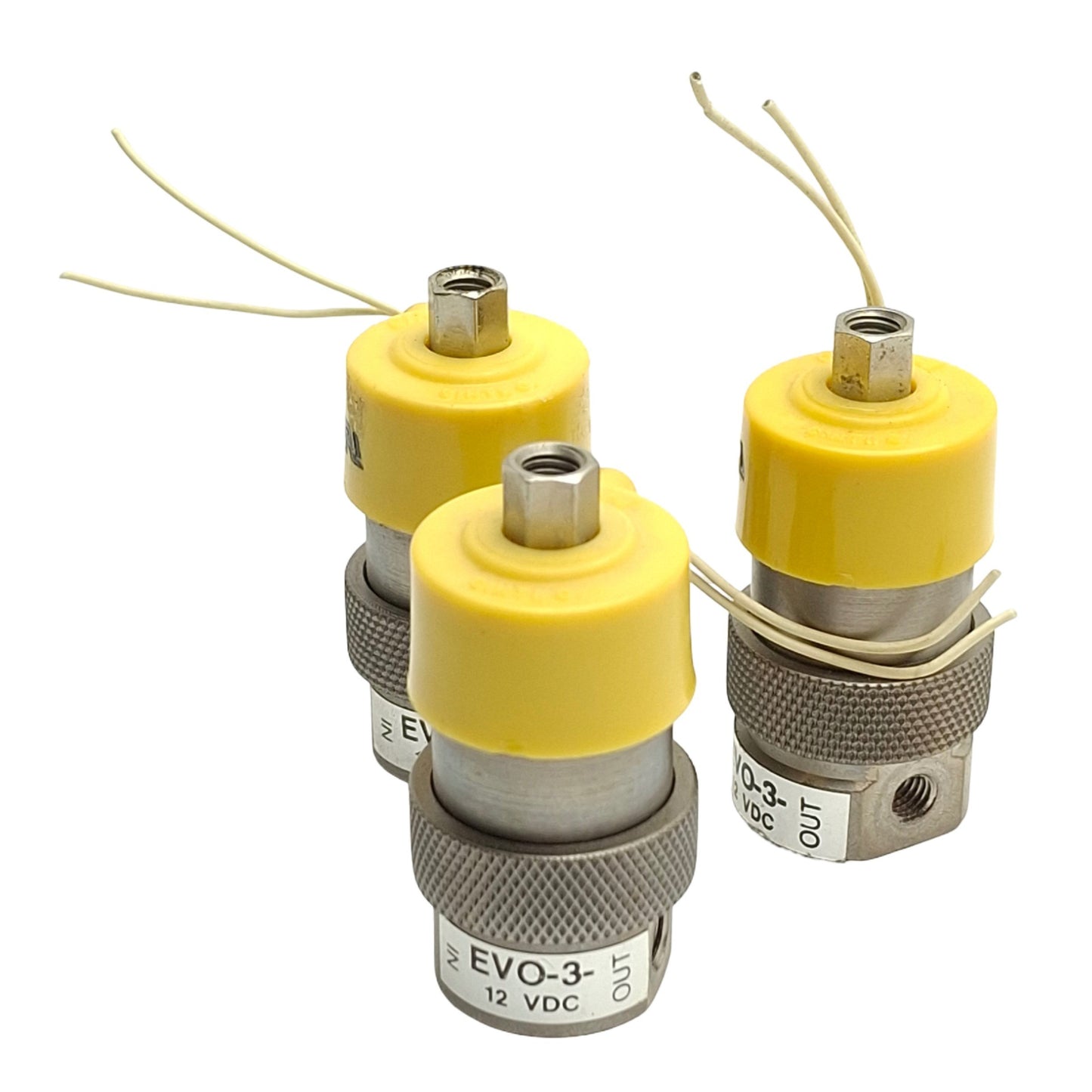 Used Lot of 3 Clippard EVO-3-12 In-Line Solenoid Valve, 3-Way,10-32 Ports, 12VDC Coil