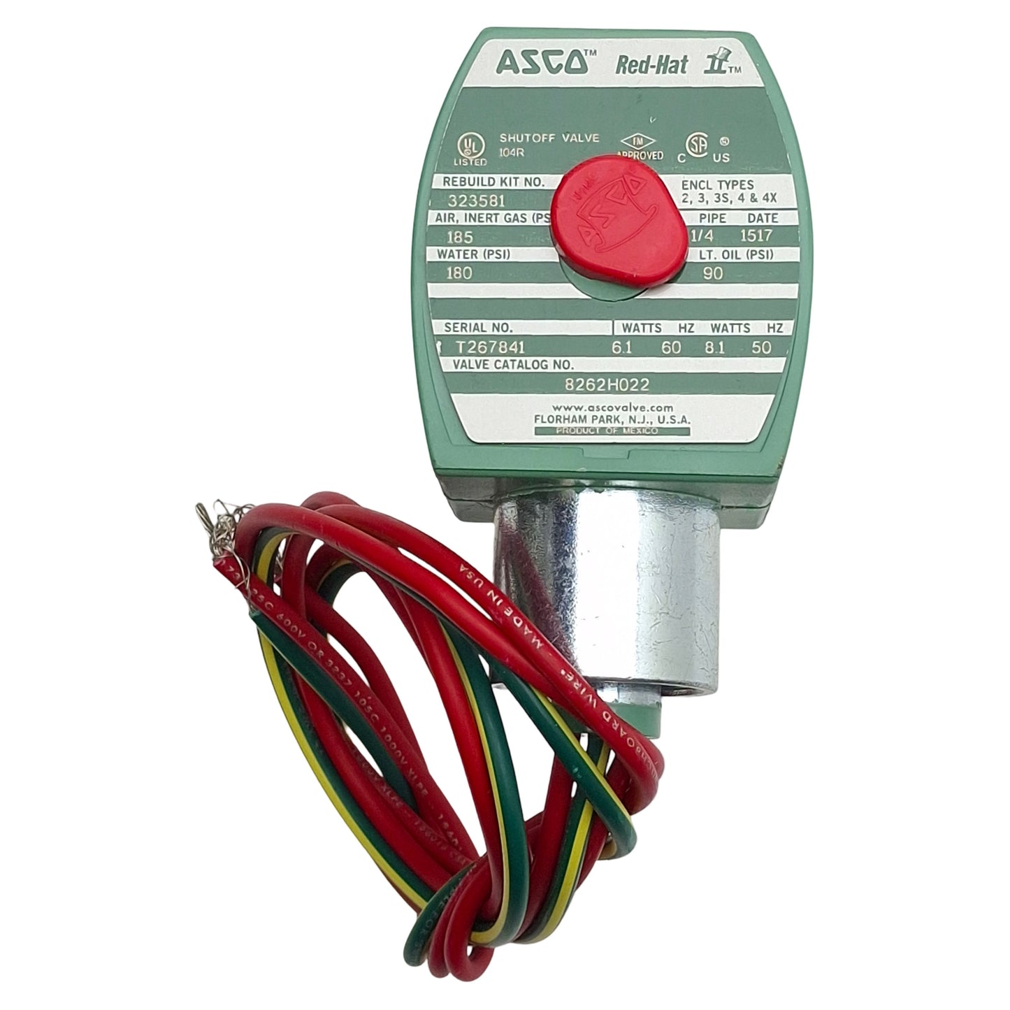 New – Open box Asco 8262H022 Redhat Solenoid Valve, 2-Way NC 1/4in NPT, 185psi, 110/120VAC Coil