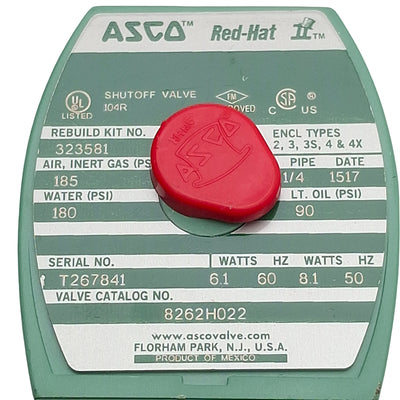 New – Open box Asco 8262H022 Redhat Solenoid Valve, 2-Way NC 1/4in NPT, 185psi, 110/120VAC Coil