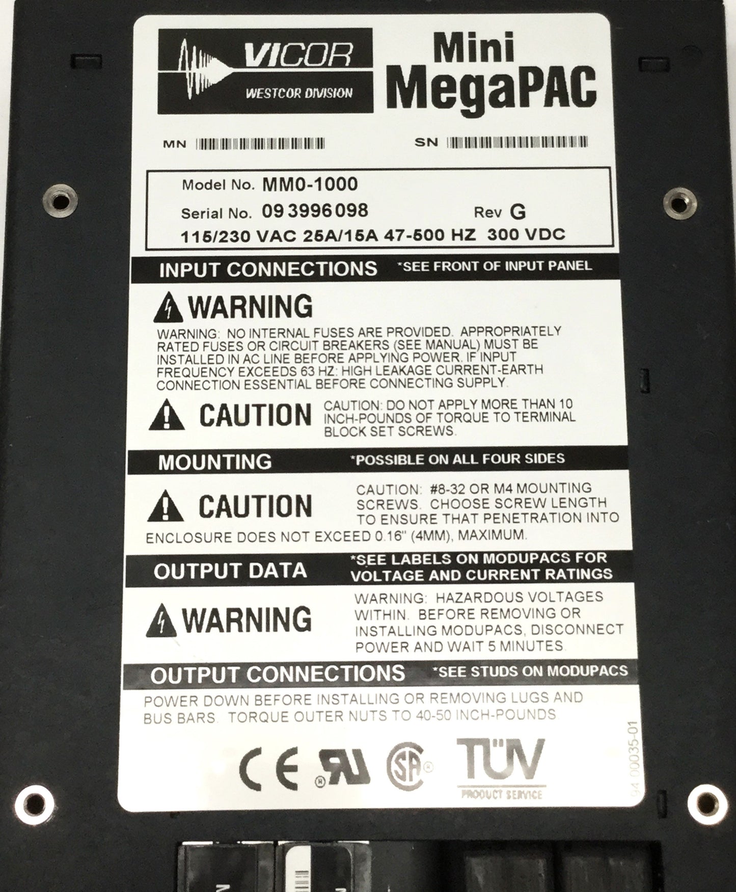 Used Vicor MM0-1000 Mini MegaPAC Modular Power Supply, 115/230VAC w/12V, 24V Modules
