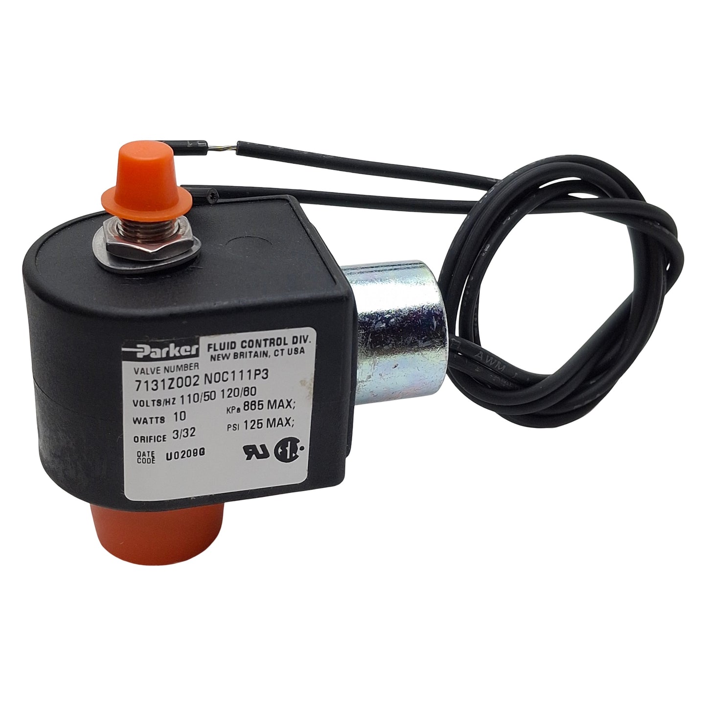 New – Open box Parker 7131Z002N0C111P3 Solenoid Valve, 3/2-Way 1/4in NPT, 125psi, 110VAC Coil