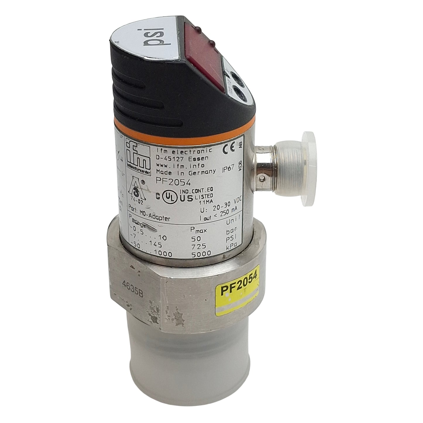 Used IFM PF2054 Flush Pressure Sensor, NPN/PNP, 20-30VDC, -7~145psi Range, 4-Pin M12