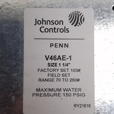 New – Open box Johnson Controls V46AE-1 Water Regulating Valve, 70-260psig Opening, 1-1/4in NPT