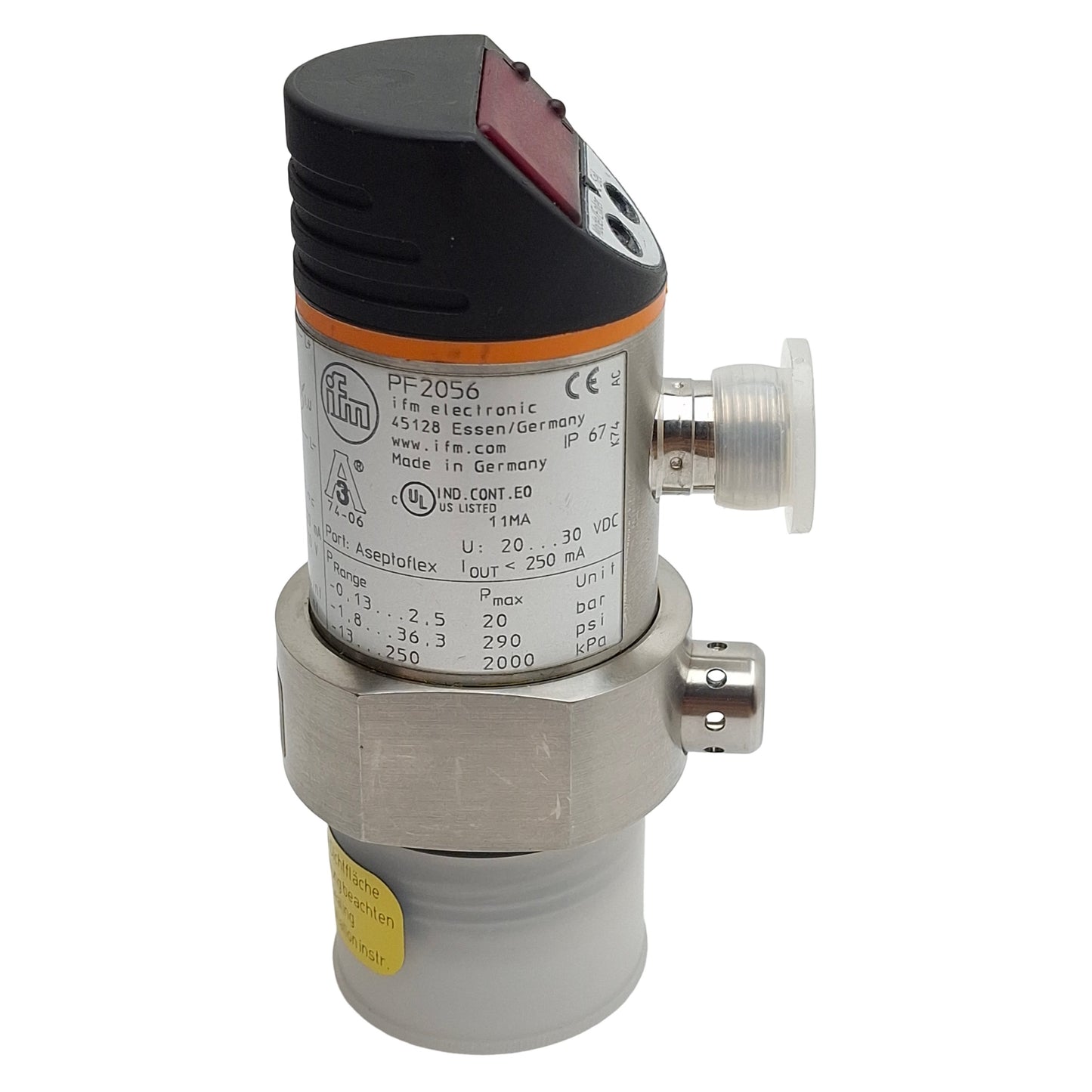 Used IFM PF2056 Flush Pressure Sensor, NPN/PNP, 20-30VDC, -0.13~2.5bar Range, 4P M12