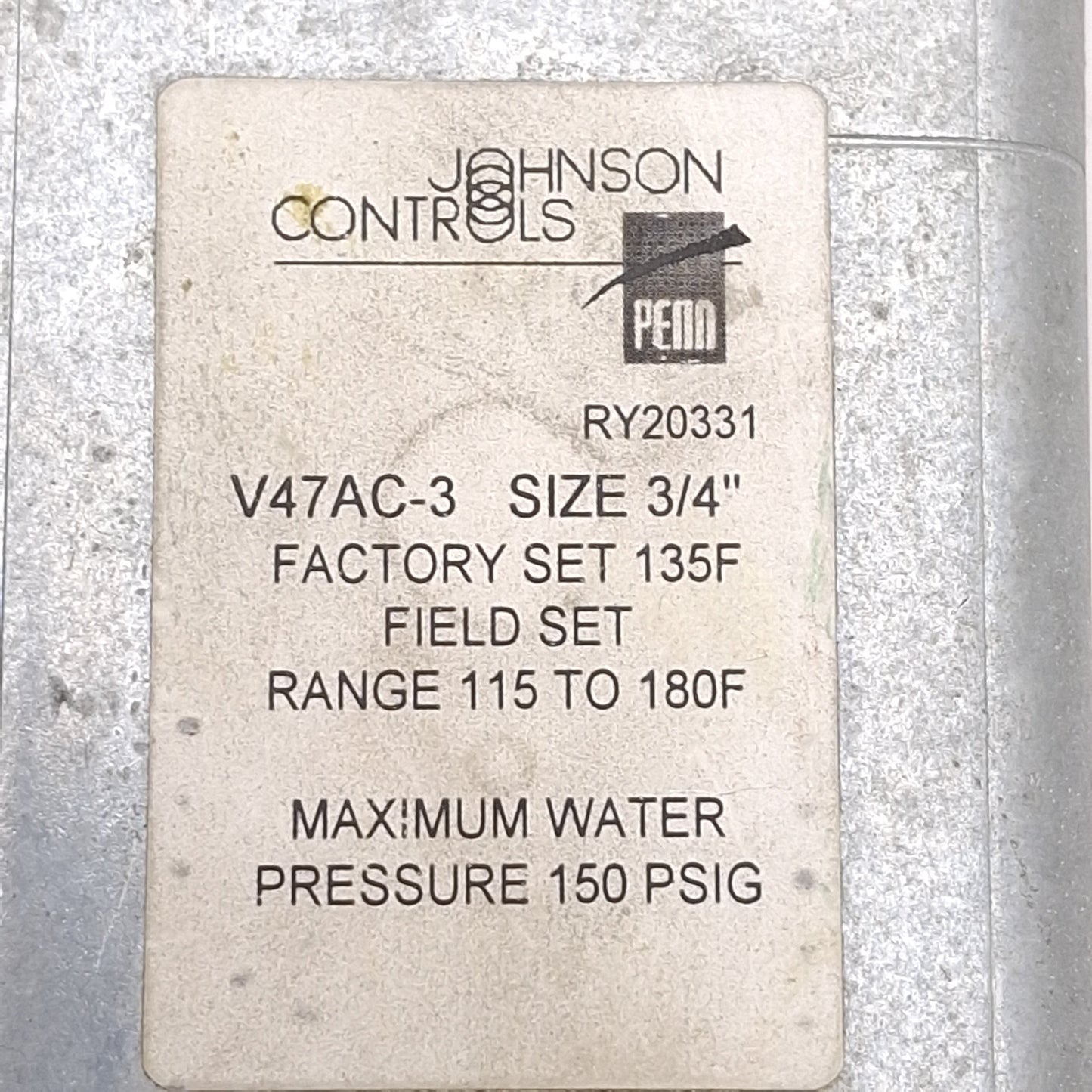 Used Johnson Controls V47AC-3 Temperature Actuated Water Valve, 115-180°F Set, 3/4NPT