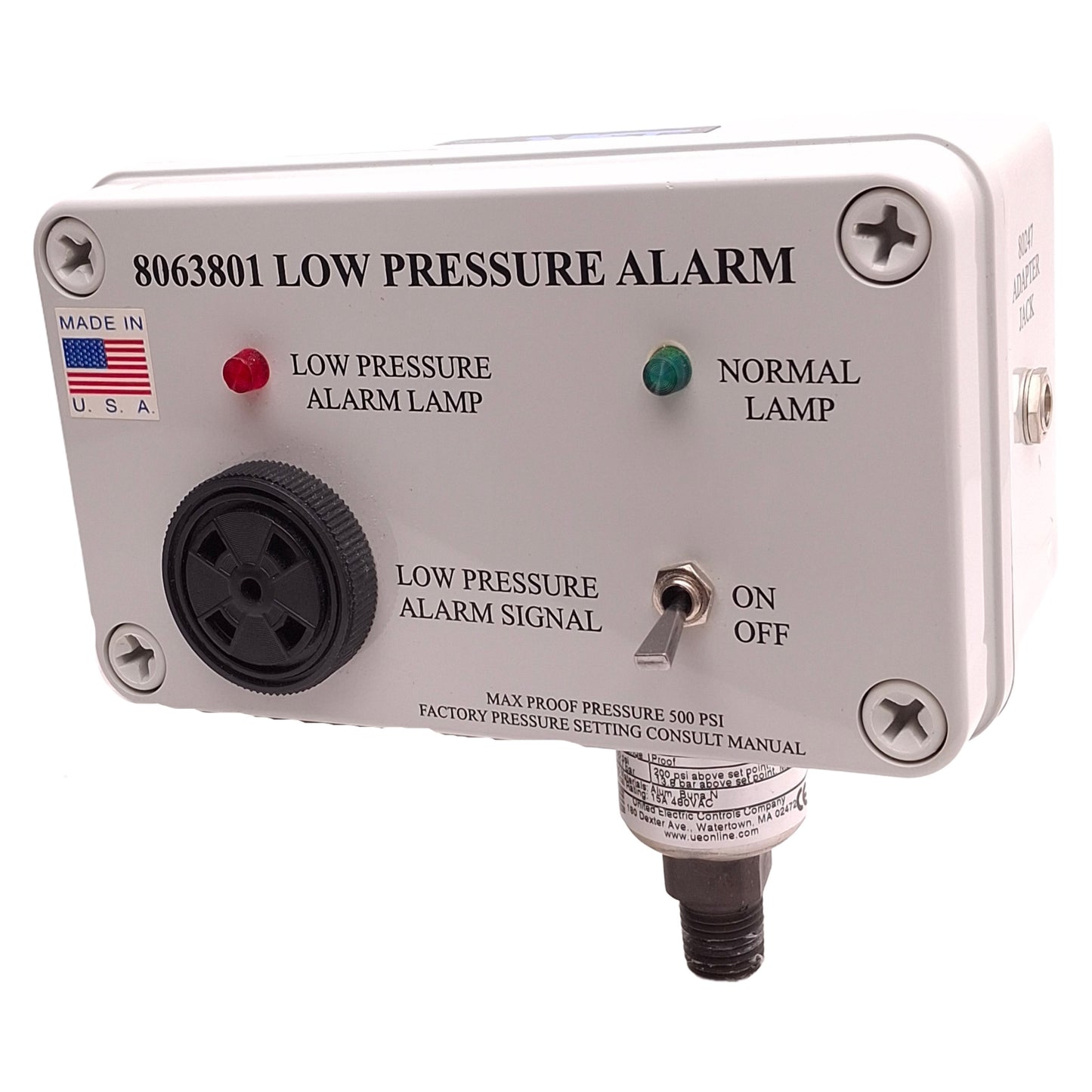 Used MST 8063801 Low Pressure Alarm 1/4" NPT, 30 to 300psi Range, 85dBA at 1ft