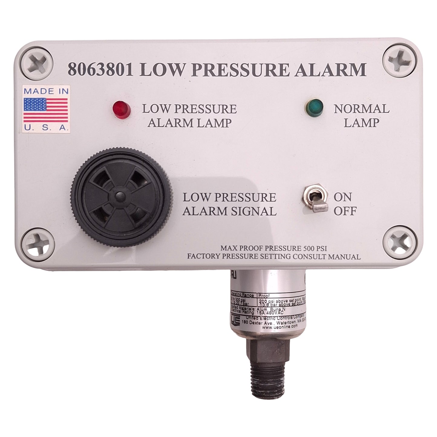 Used MST 8063801 Low Pressure Alarm 1/4" NPT, 30 to 300psi Range, 85dBA at 1ft