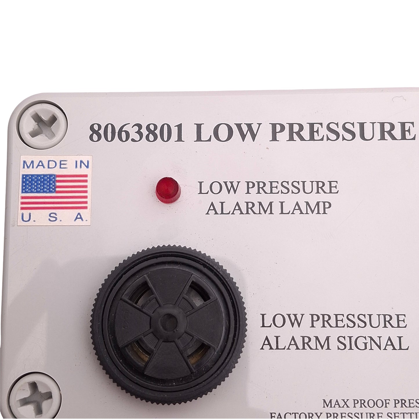 Used MST 8063801 Low Pressure Alarm 1/4" NPT, 30 to 300psi Range, 85dBA at 1ft