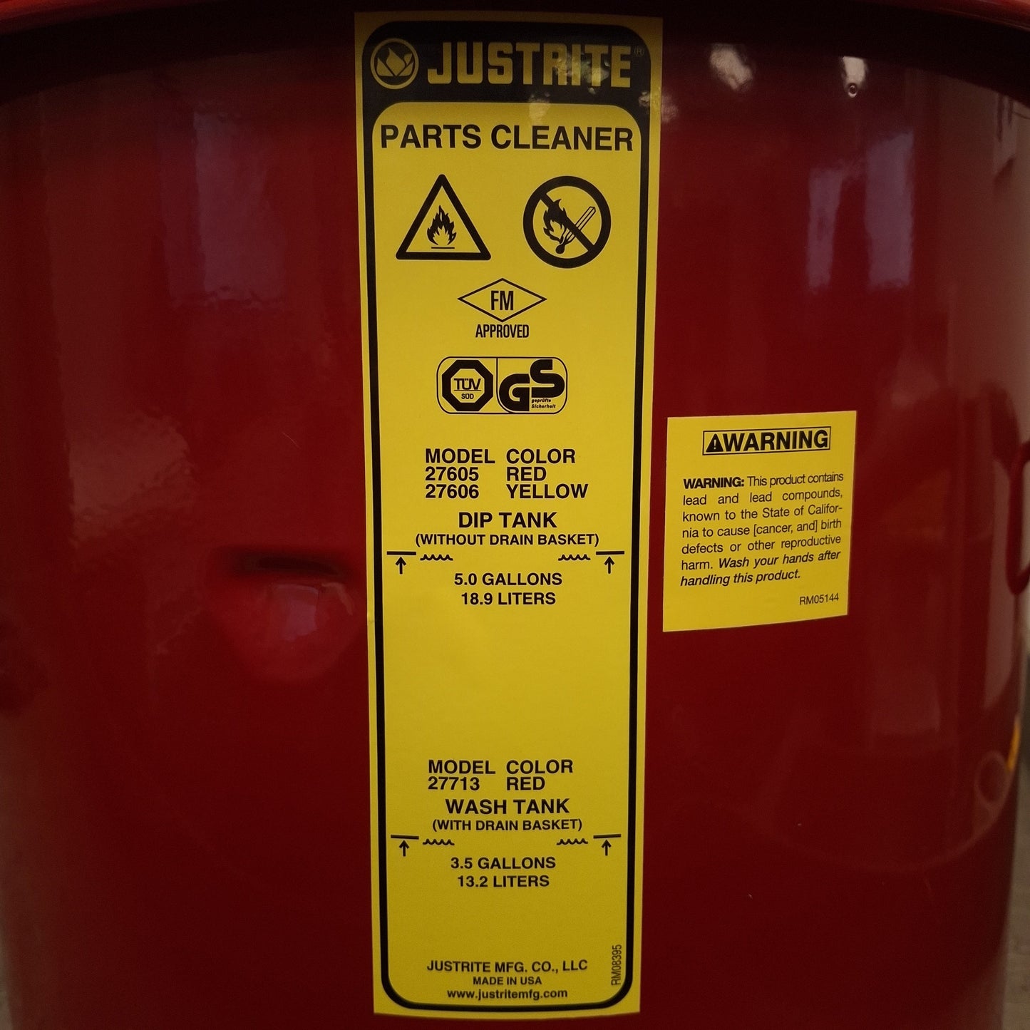 Used Justrite 27605 Dip Tank For Parts Cleaning, 5 Gallon, Steel, Manual Cover