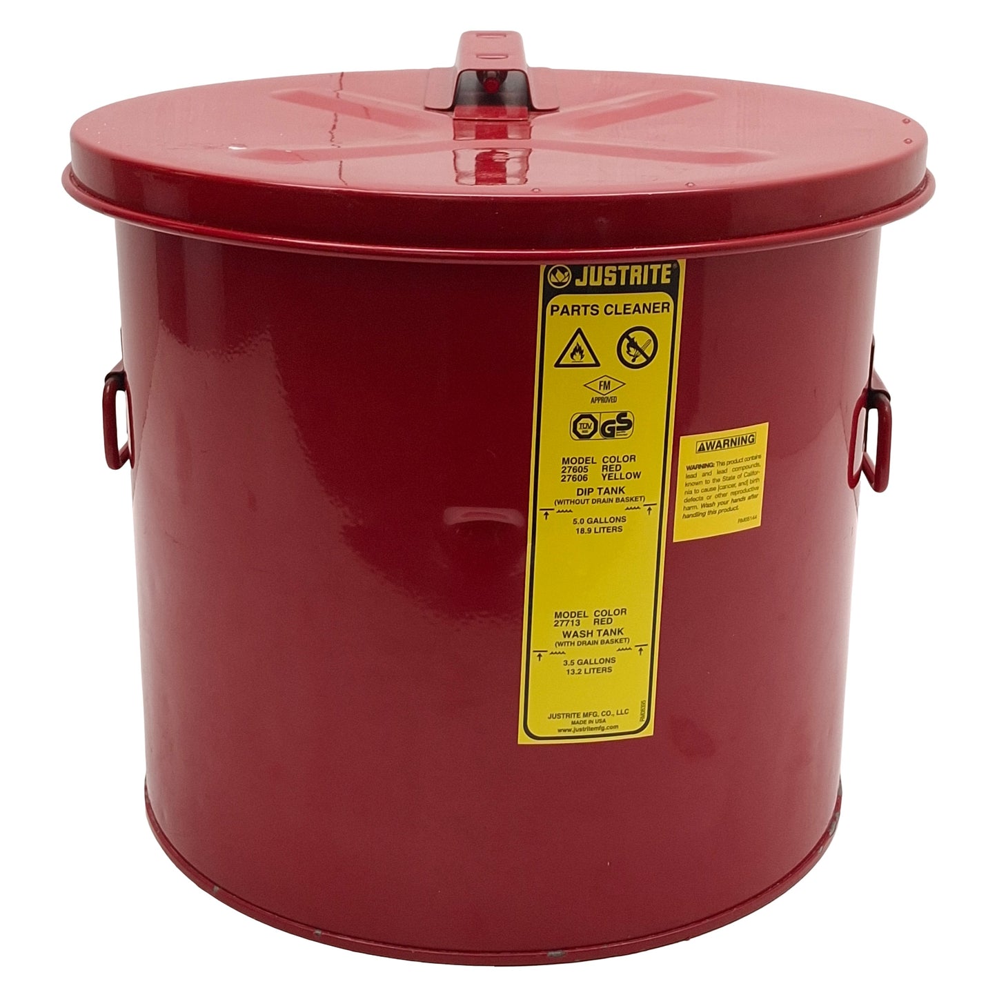 Used Justrite 27605 Dip Tank For Parts Cleaning, 5 Gallon, Steel, Manual Cover