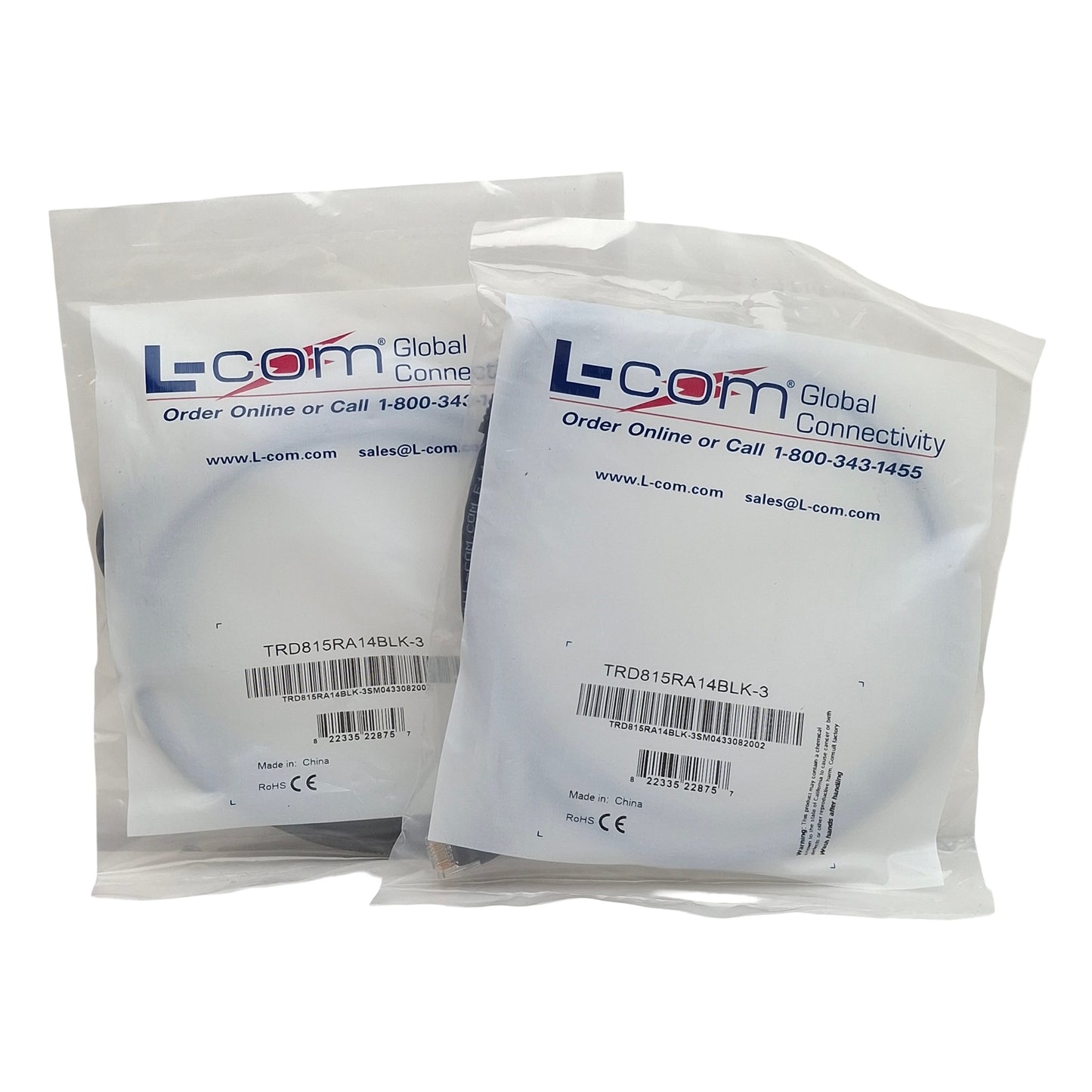 New Lot of 2 L-Com TRD815RA14BLK-3 5E Ethernet Patch Cord, RJ45 90° to RJ45 90°, 3ft