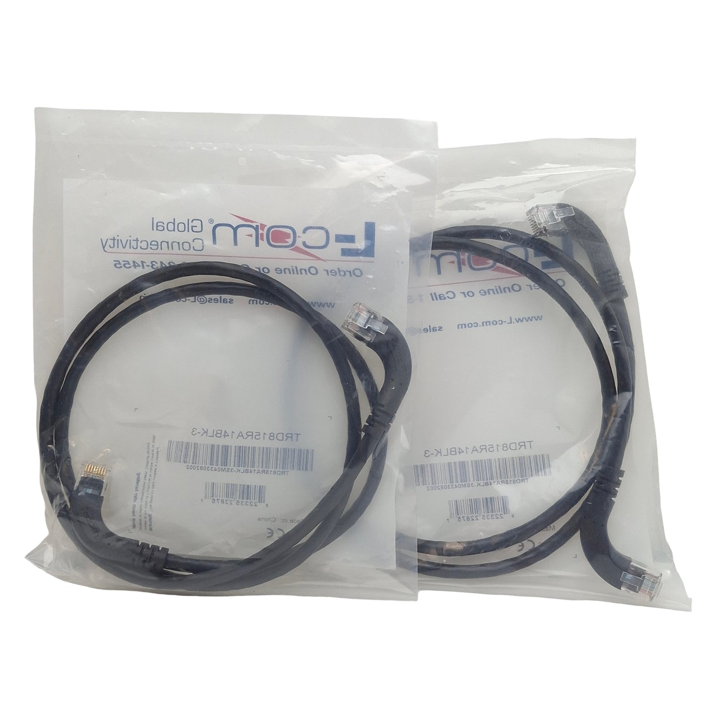 New Lot of 2 L-Com TRD815RA14BLK-3 5E Ethernet Patch Cord, RJ45 90° to RJ45 90°, 3ft