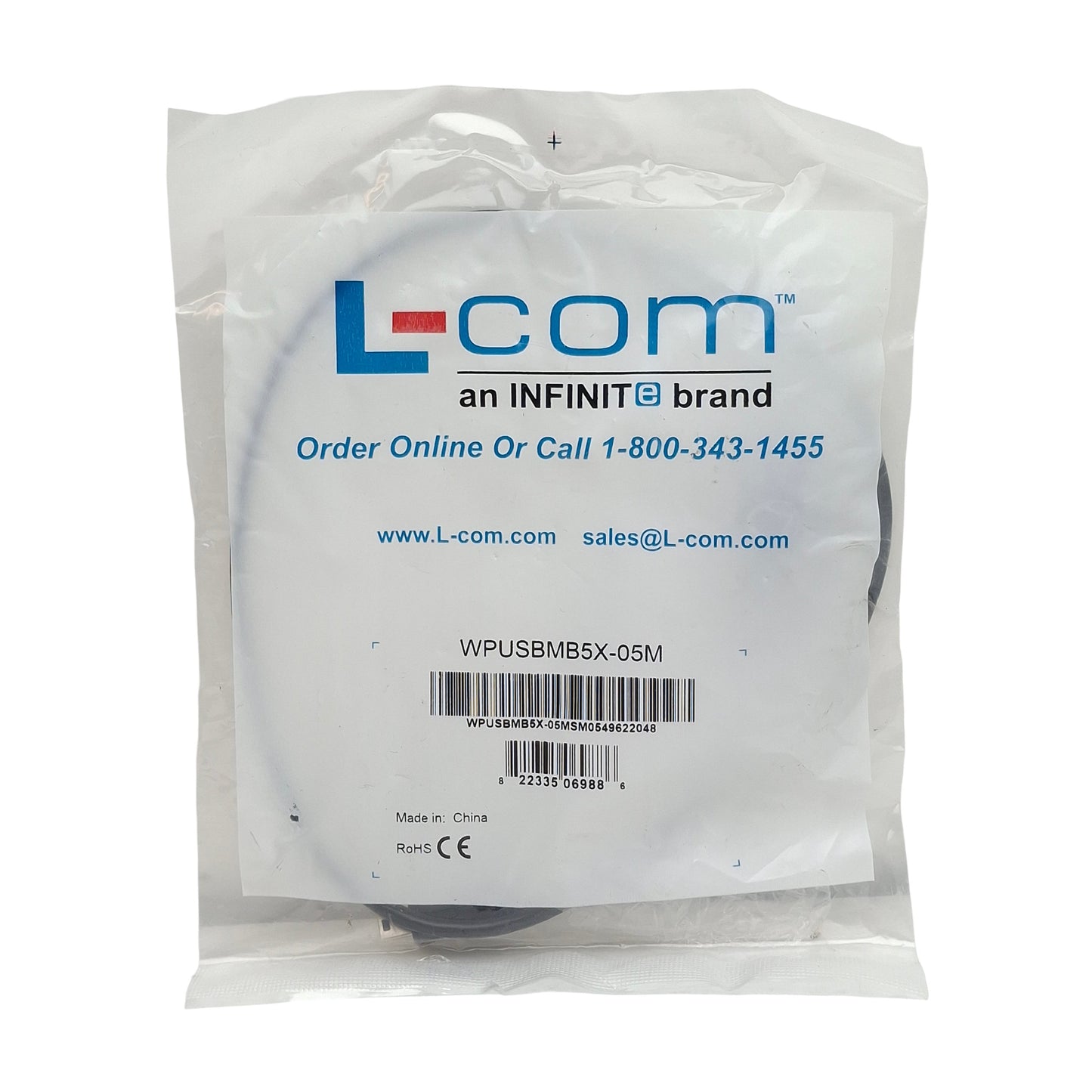 New L-Com WPUSBMB5X-05M Waterproof USB Cable, Mini B 5 Female to Mini B 5 Male, 0.5m