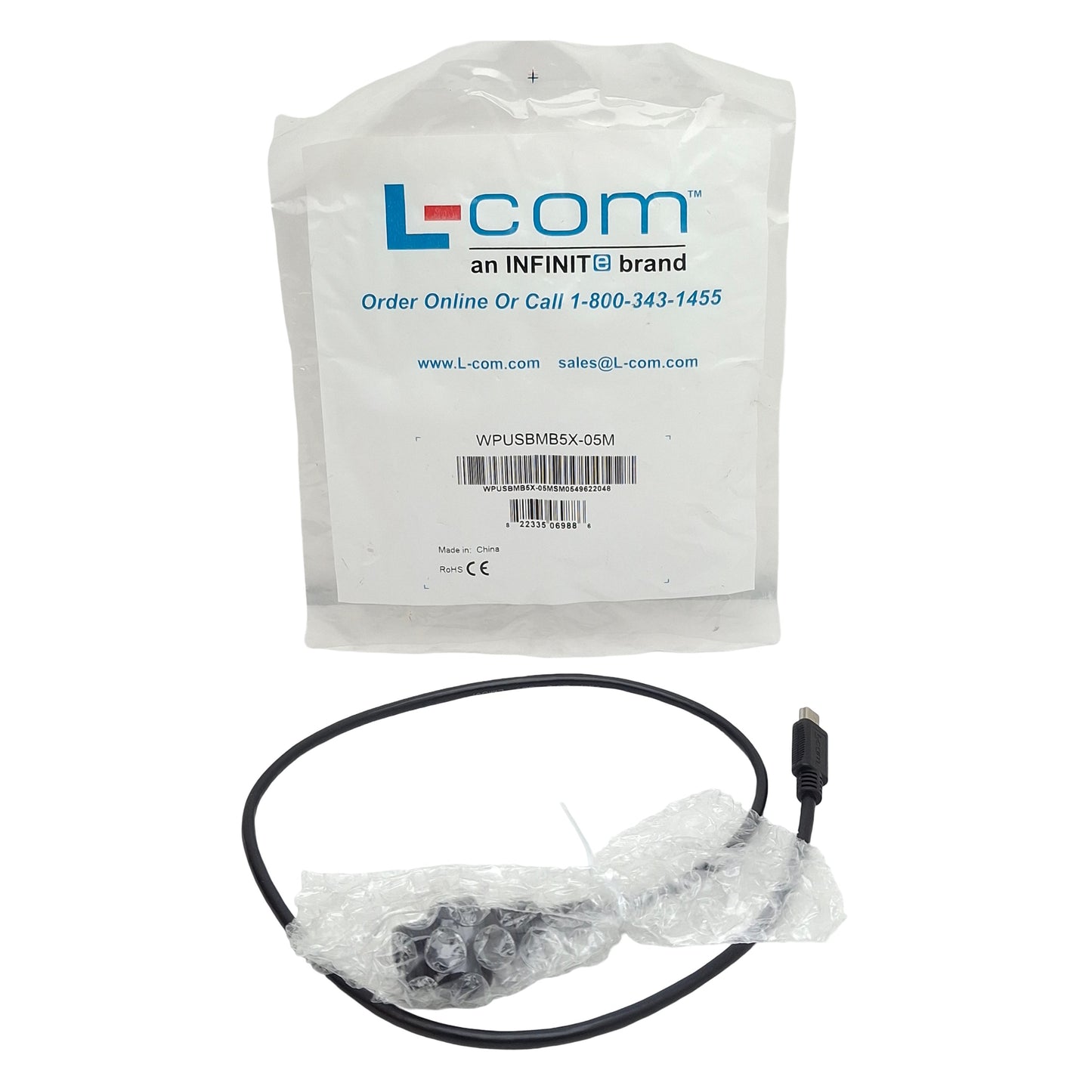 New L-Com WPUSBMB5X-05M Waterproof USB Cable, Mini B 5 Female to Mini B 5 Male, 0.5m