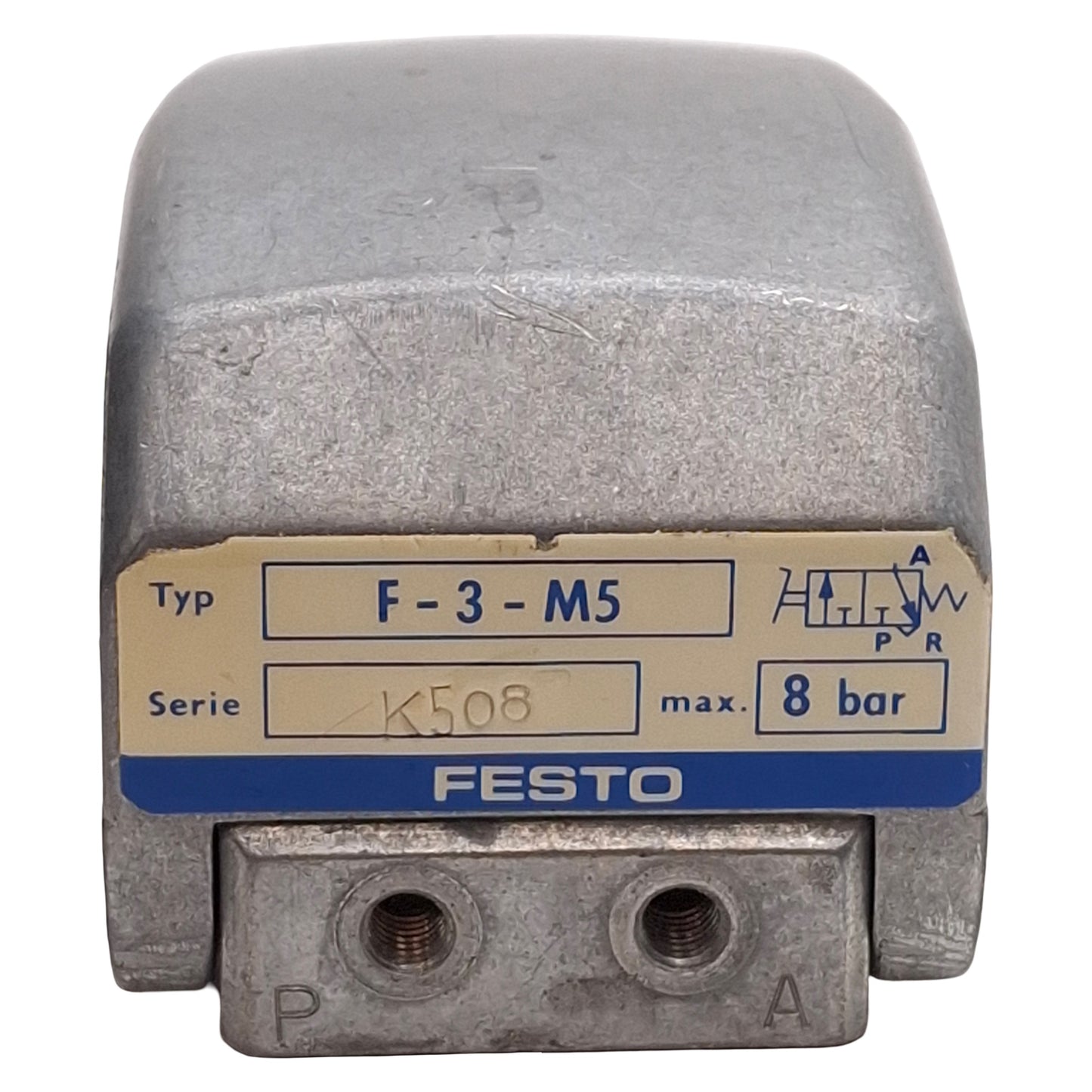 Used Festo F-3-M5 Pneumatic Pushbutton Valve, 3/2-Way Normally Closed, -0.9~8bar, M5