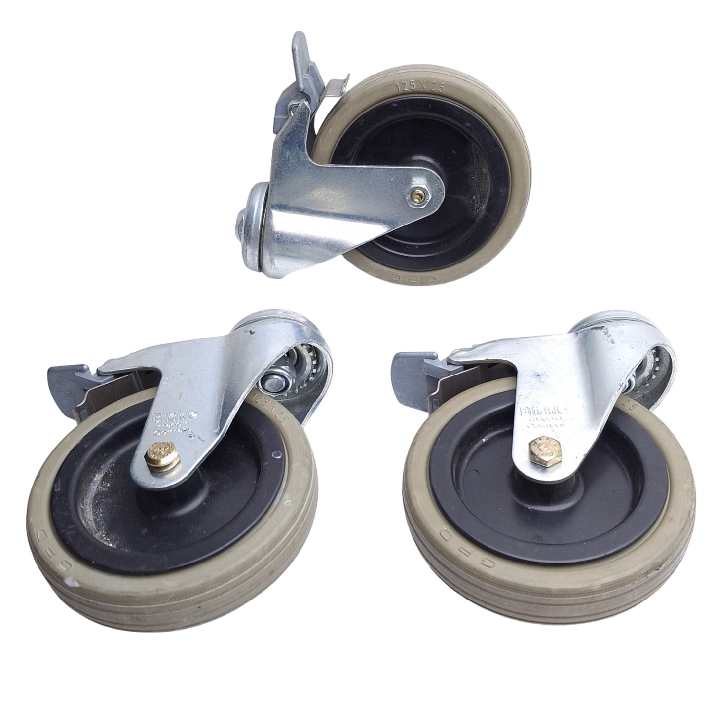 Used Lot of 3 Blickle LKRA-VPA 125K-FL Swivel Caster ø125mm x 25mm Wheel, Metal Brake