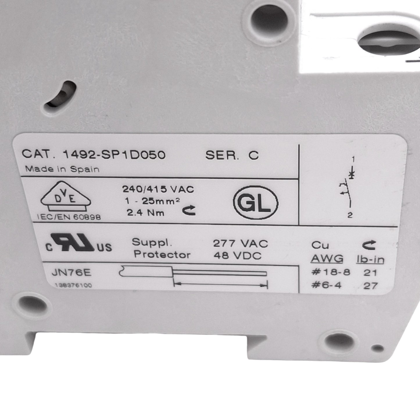 Used Allen Bradley 1492-SP1D050 Circuit Breaker, 1-Pole, 5A, 48VDC/277VAC Max