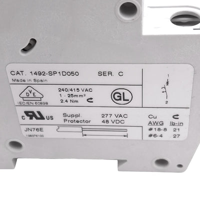 Used Allen Bradley 1492-SP1D050 Circuit Breaker, 1-Pole, 5A, 48VDC/277VAC Max