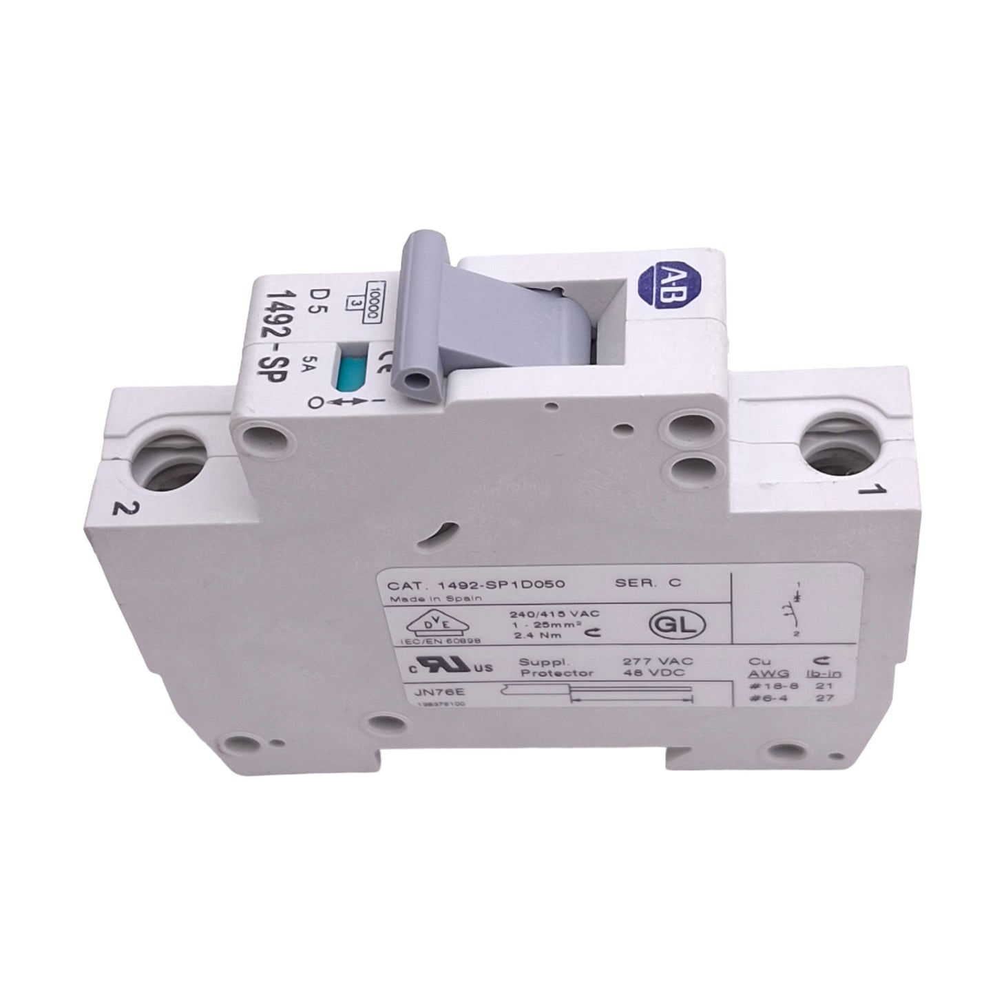 Used Allen Bradley 1492-SP1D050 Circuit Breaker, 1-Pole, 5A, 48VDC/277VAC Max