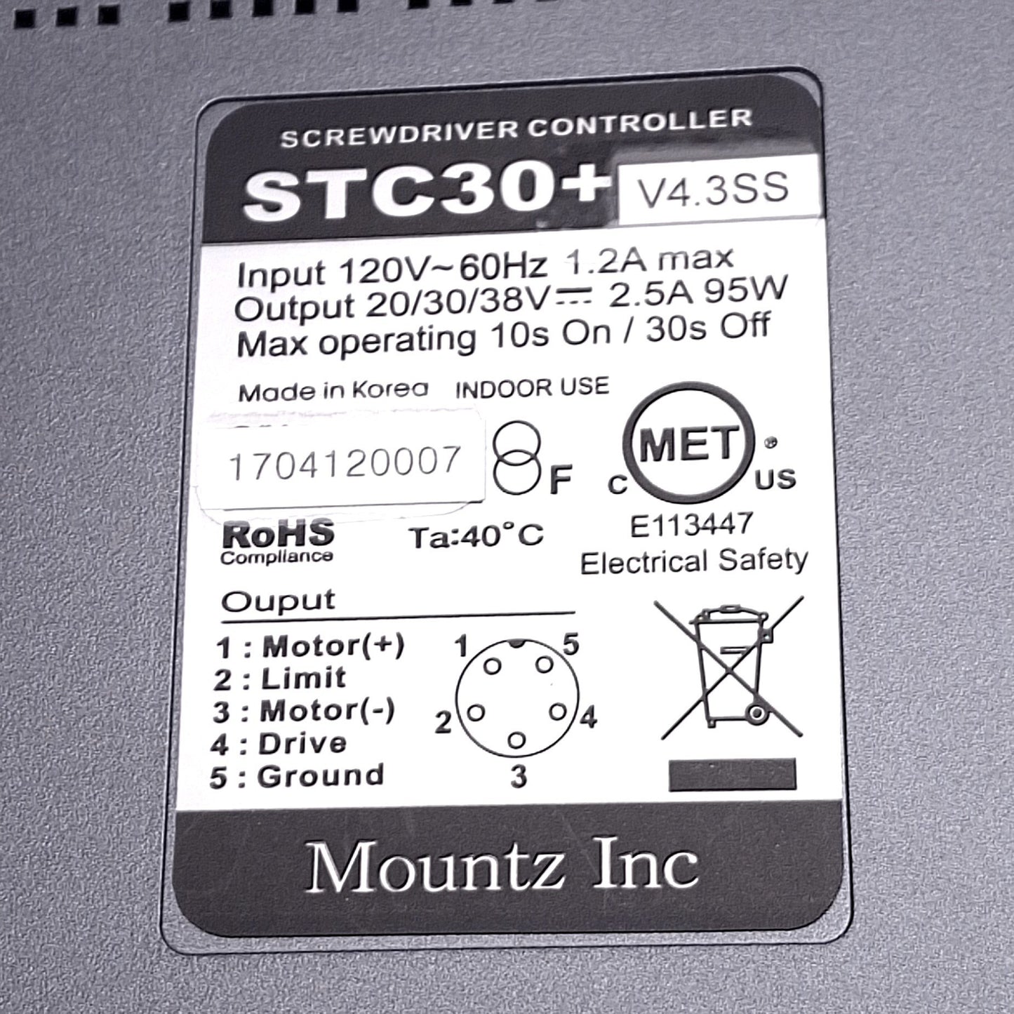 Used Mountz STC30+ Screwdriver Controller PSU, 120VAC In, 20/30/38VDC Out, 95W Max