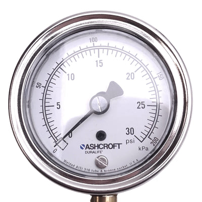 Used Ashcroft 251009AW02L30#/KP Pressure Gauge, 2-1/2in Face, 30psi/200kPa, 1/4in NPT
