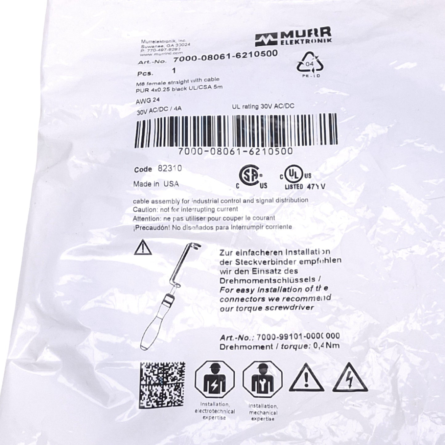 New Murr Elektronik 7000-08061-6210500 Sensor Cable, M8 4-Pin Female, 5m Length