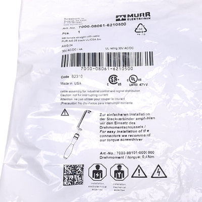 New Murr Elektronik 7000-08061-6210500 Sensor Cable, M8 4-Pin Female, 5m Length