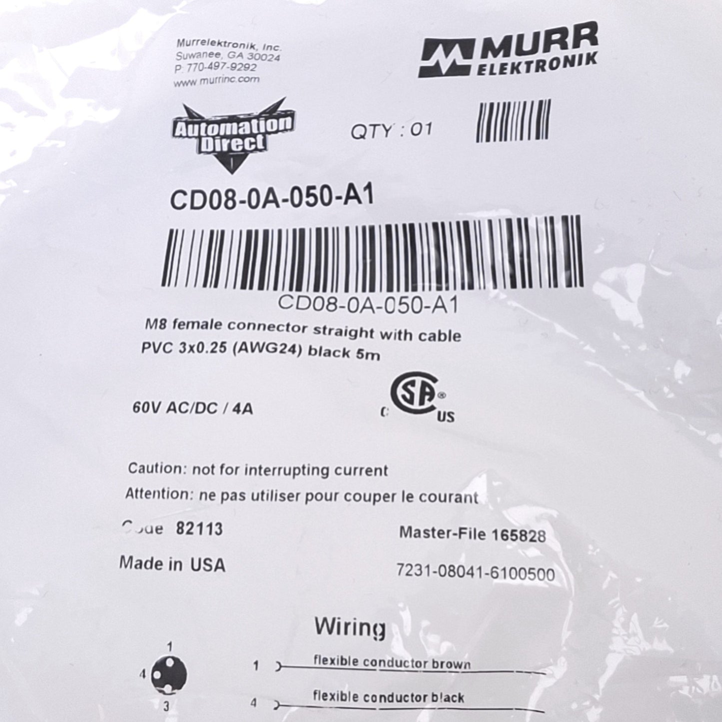 New Murr Elektronik 7231-08041-6100500 Sensor Cable, M8 3-Pin Female, 5m Length