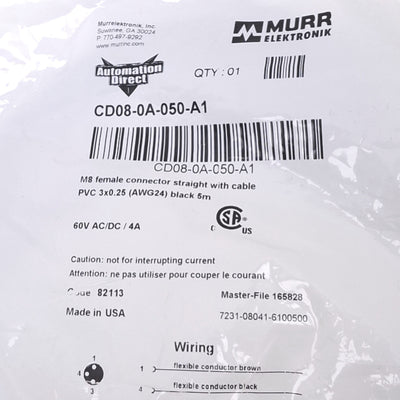 New Murr Elektronik 7231-08041-6100500 Sensor Cable, M8 3-Pin Female, 5m Length