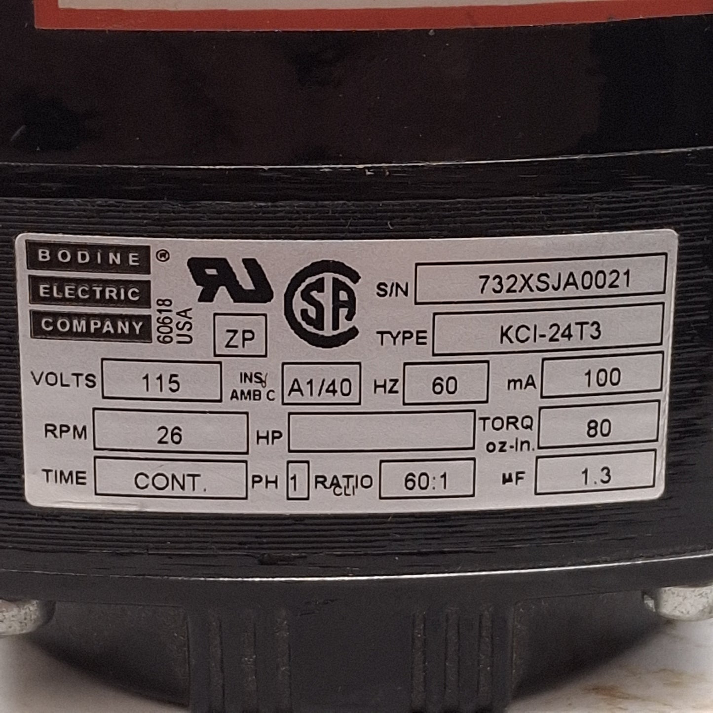 Used Bodine KCI-24T3 Gearmotor, 1/300HP, 60:1, 26rpm, 80oz-in, ø1/4in Shaft, 115VAC