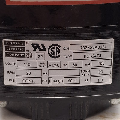 Used Bodine KCI-24T3 Gearmotor, 1/300HP, 60:1, 26rpm, 80oz-in, ø1/4in Shaft, 115VAC