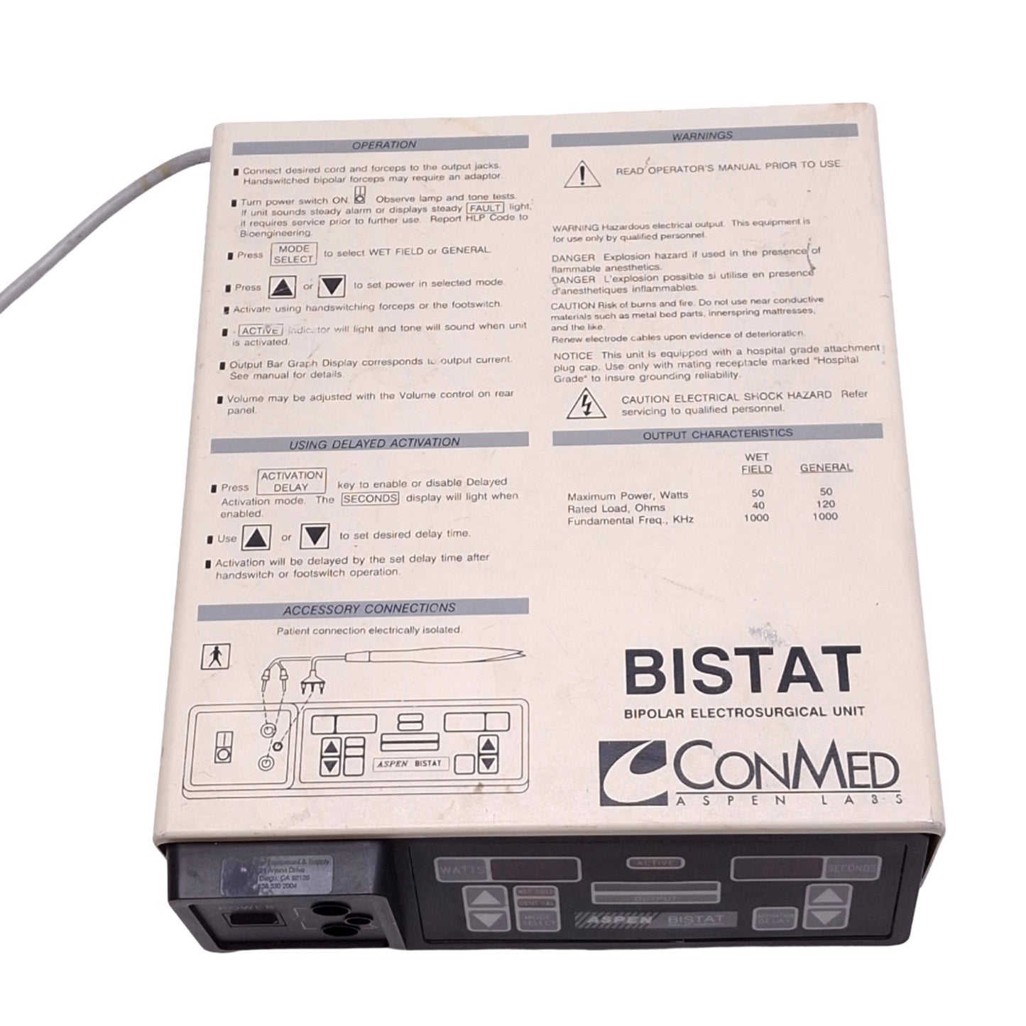 Used ConMed 60-5400-001 BISTAT Bipolar Electrosurgical Unit, 120VAC 2A, 150W Max