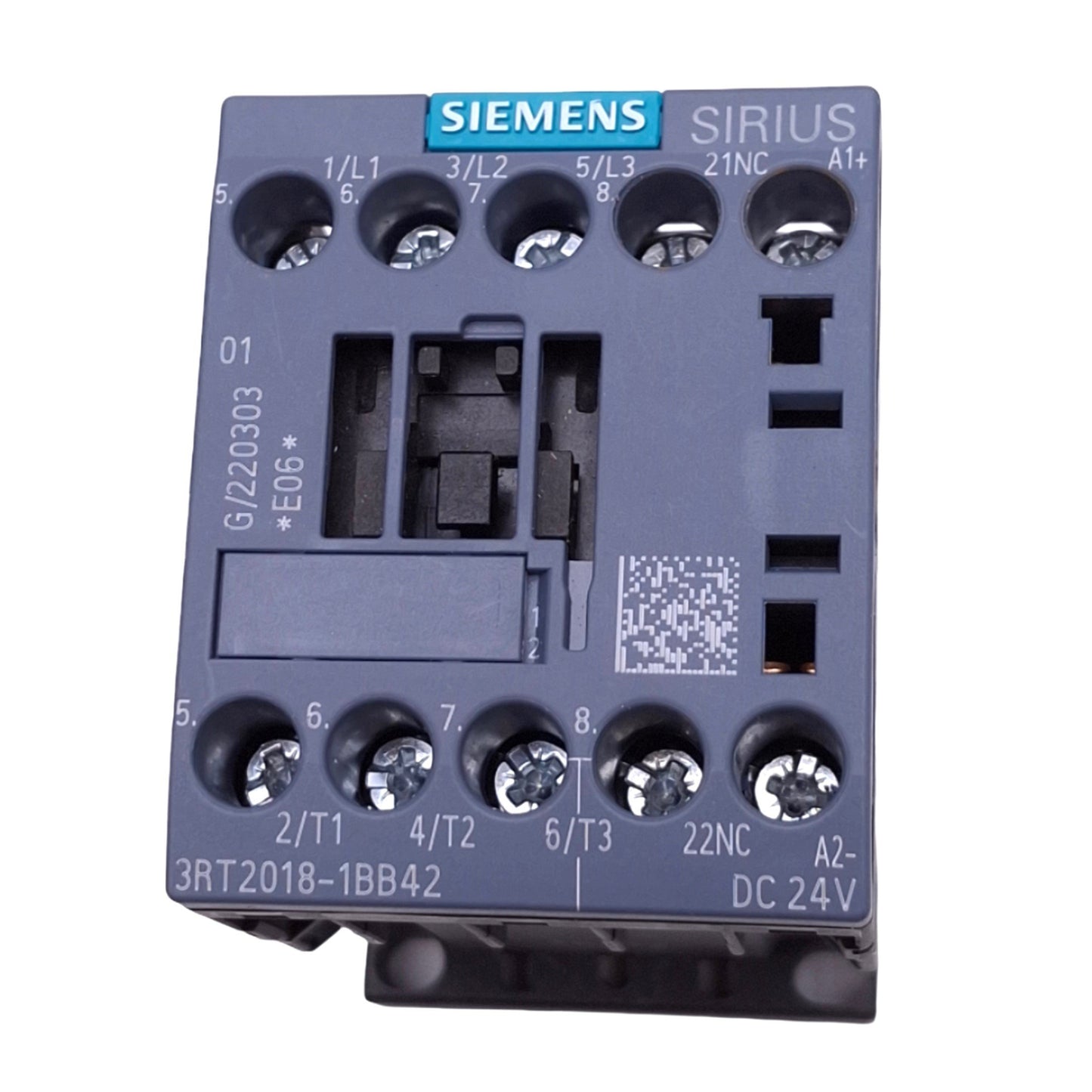 Used Siemens 3RT2018-1BB42 Contactor, 3-Pole + 1NC Aux, 460VAC 10hp Max, 24VDC Coil