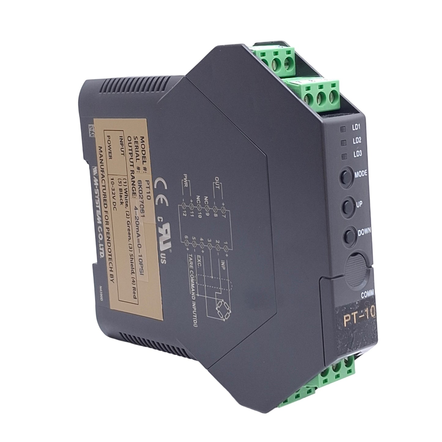 Used Pendotech PT-10 Pressure Sensor Transmitter, 4-20mA Output, 0-10psi, DIN Rail