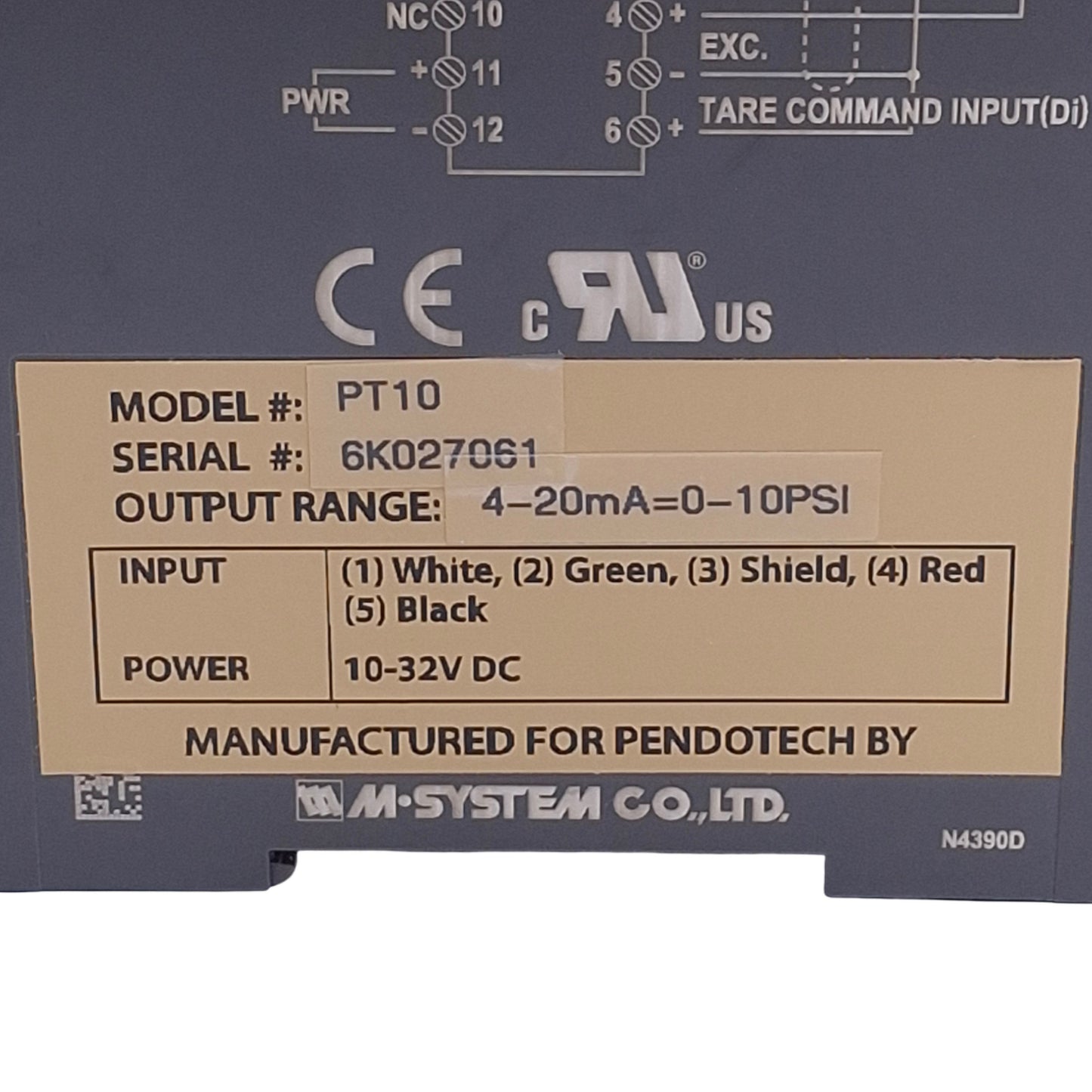 Used Pendotech PT-10 Pressure Sensor Transmitter, 4-20mA Output, 0-10psi, DIN Rail