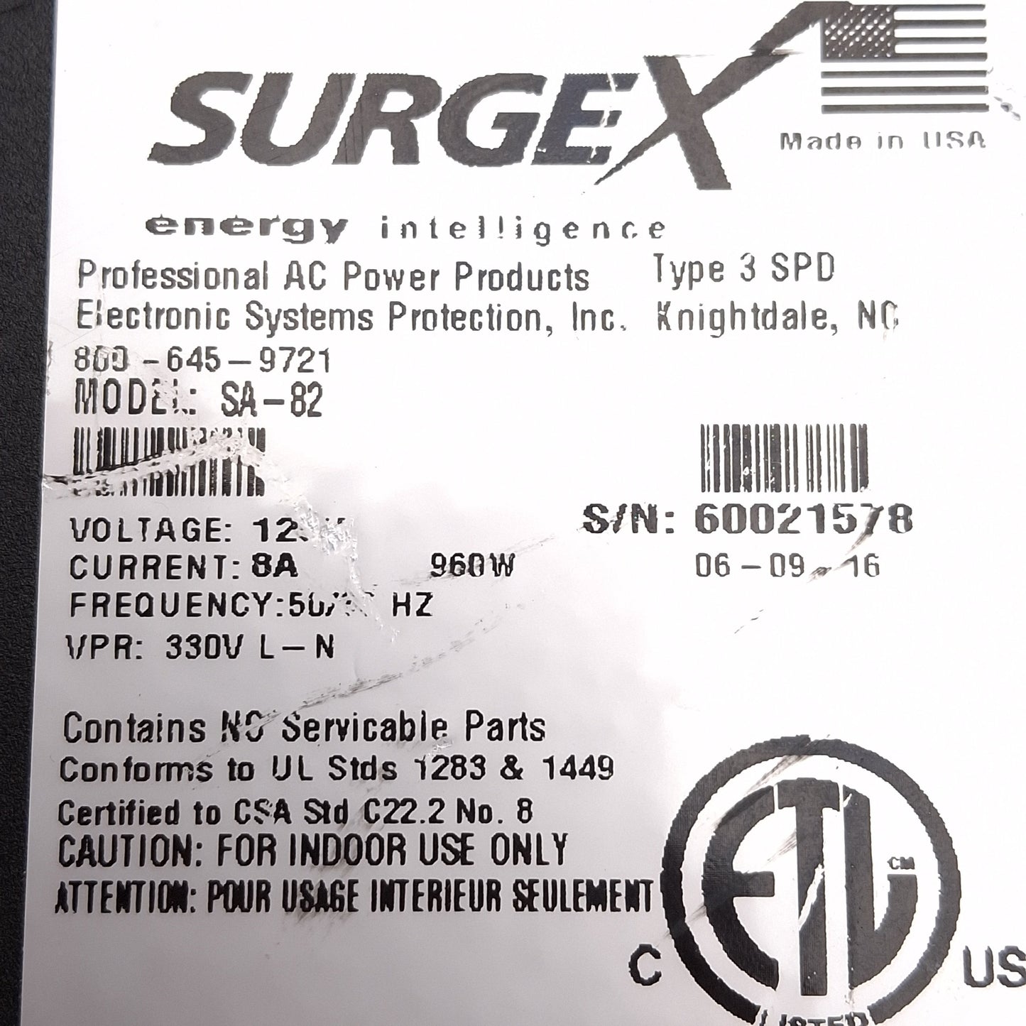 Used SURGEX SA-82 FLATPAK Surge Suppressor & AC Power Conditioner, NEMA 5-15R, 120VAC