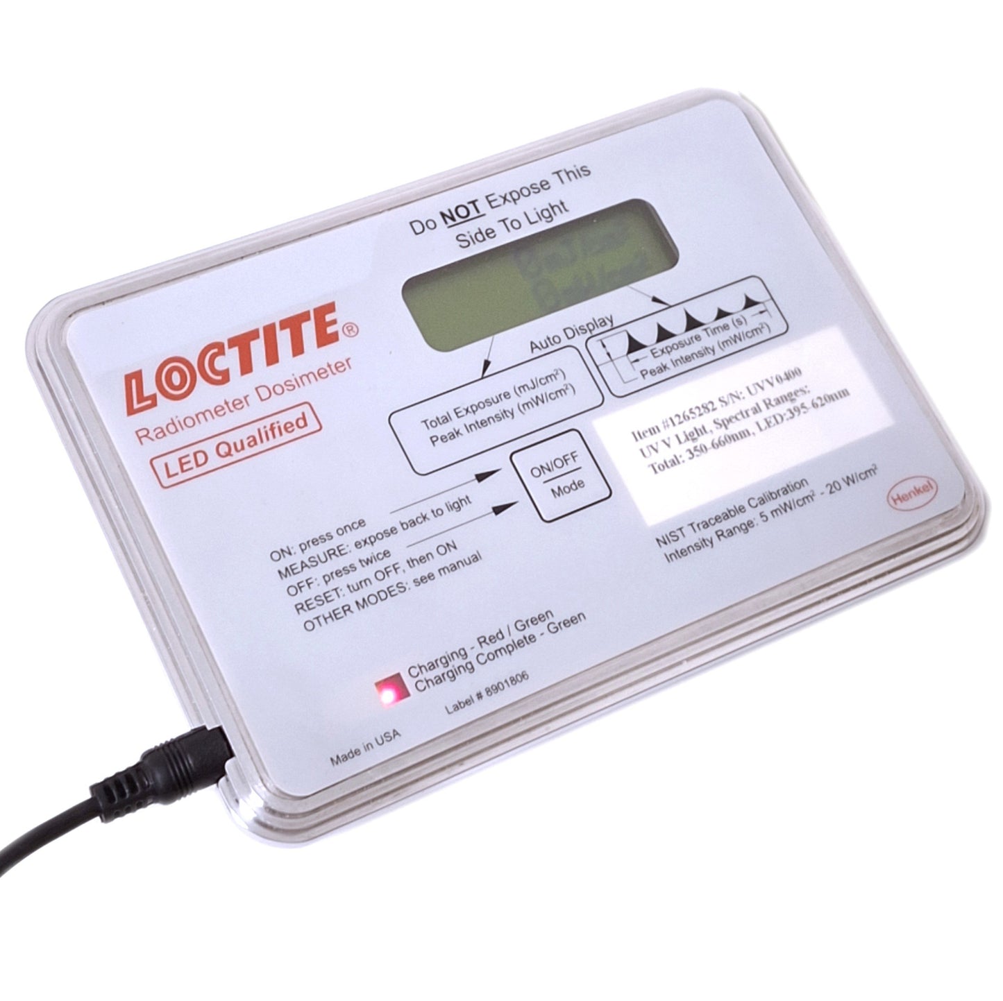 Used Loctite 1265282 Radiometer Dosimeter, 350-660nm 5mW/cm2-20W/cm2 Max, 9VDC
