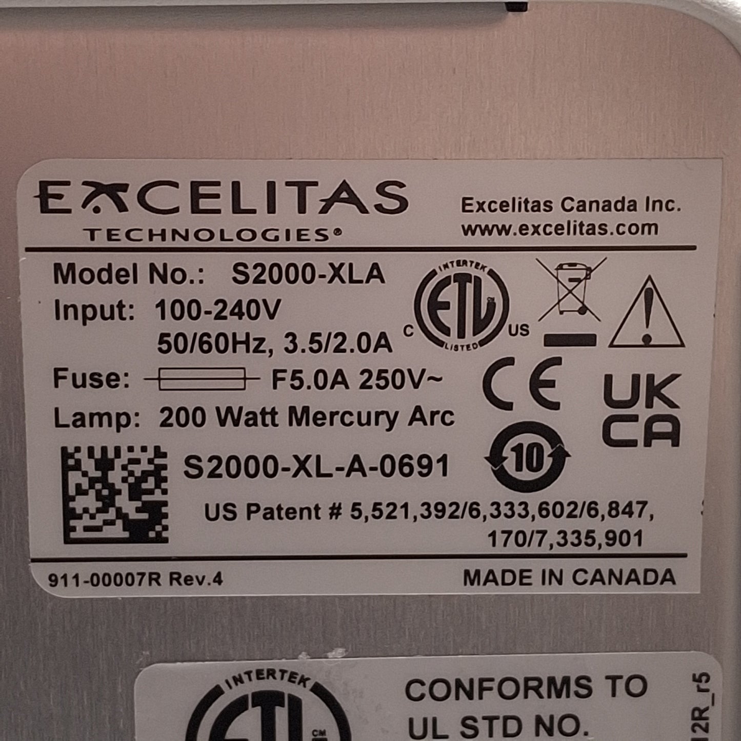 Used OmniCure S2000-XLA UV Curing System, 320-500nm, 40W/cm², 120-240VAC, 500hrs