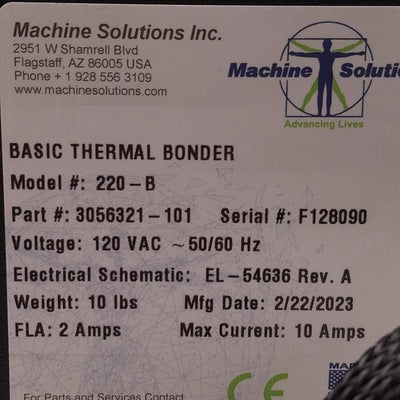 Used Beahm 220-B Thermal Die Bonder, 200-500°F, 0-100PSI, 1-9999sec Timer, 120VAC