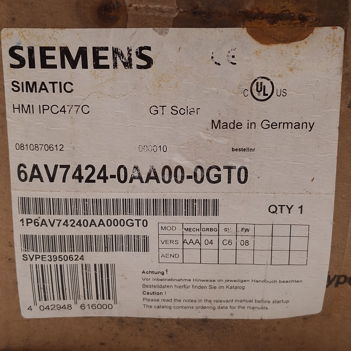 New Siemens 6AV7424-0AA00-0GT0 Simatic Touchscreen HMI, 19" 1280x1024 Display, 24VDC