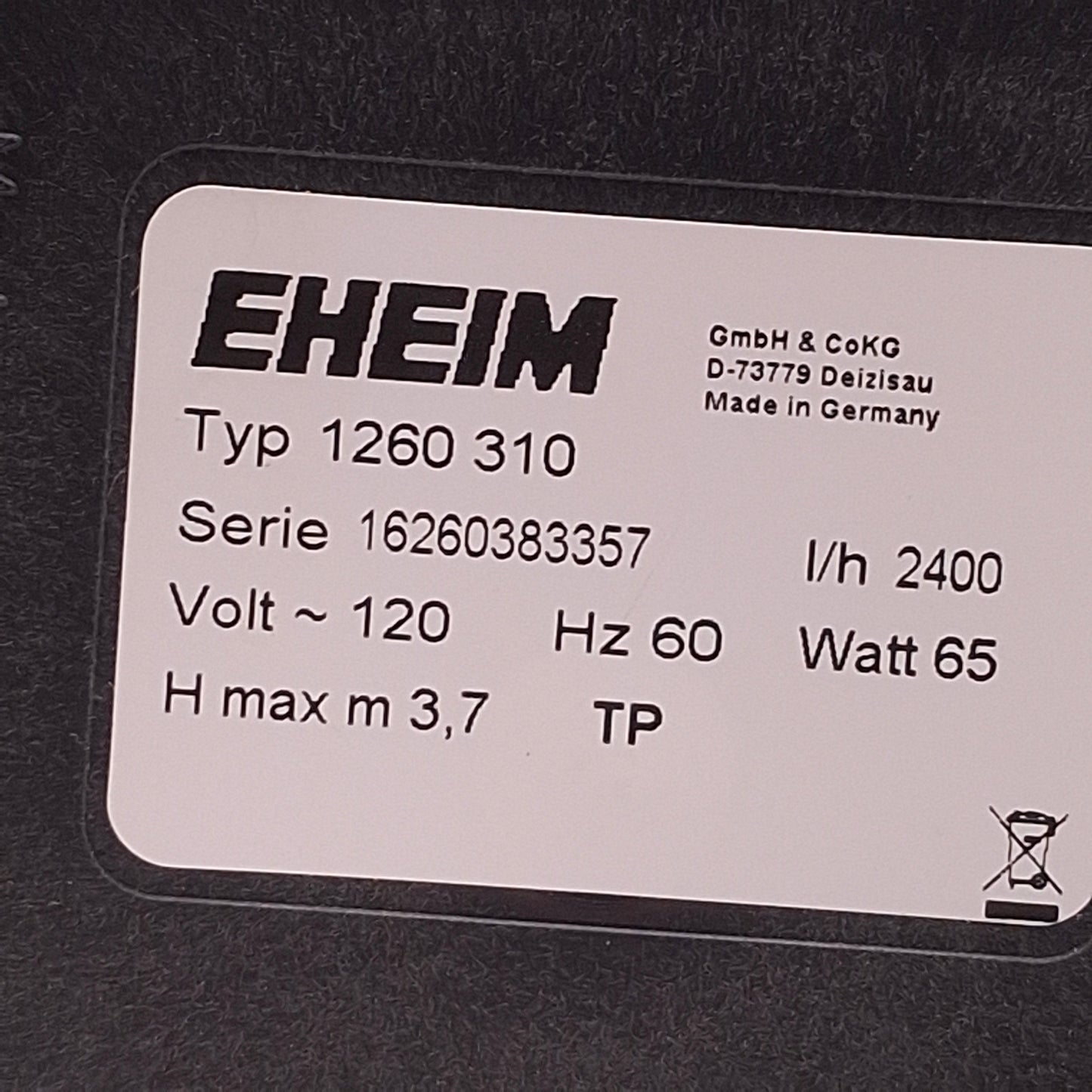 Used Eheim 1260310 Universal Water Pump 2400l/h Output, 634gal/h Flow, 2m Cord