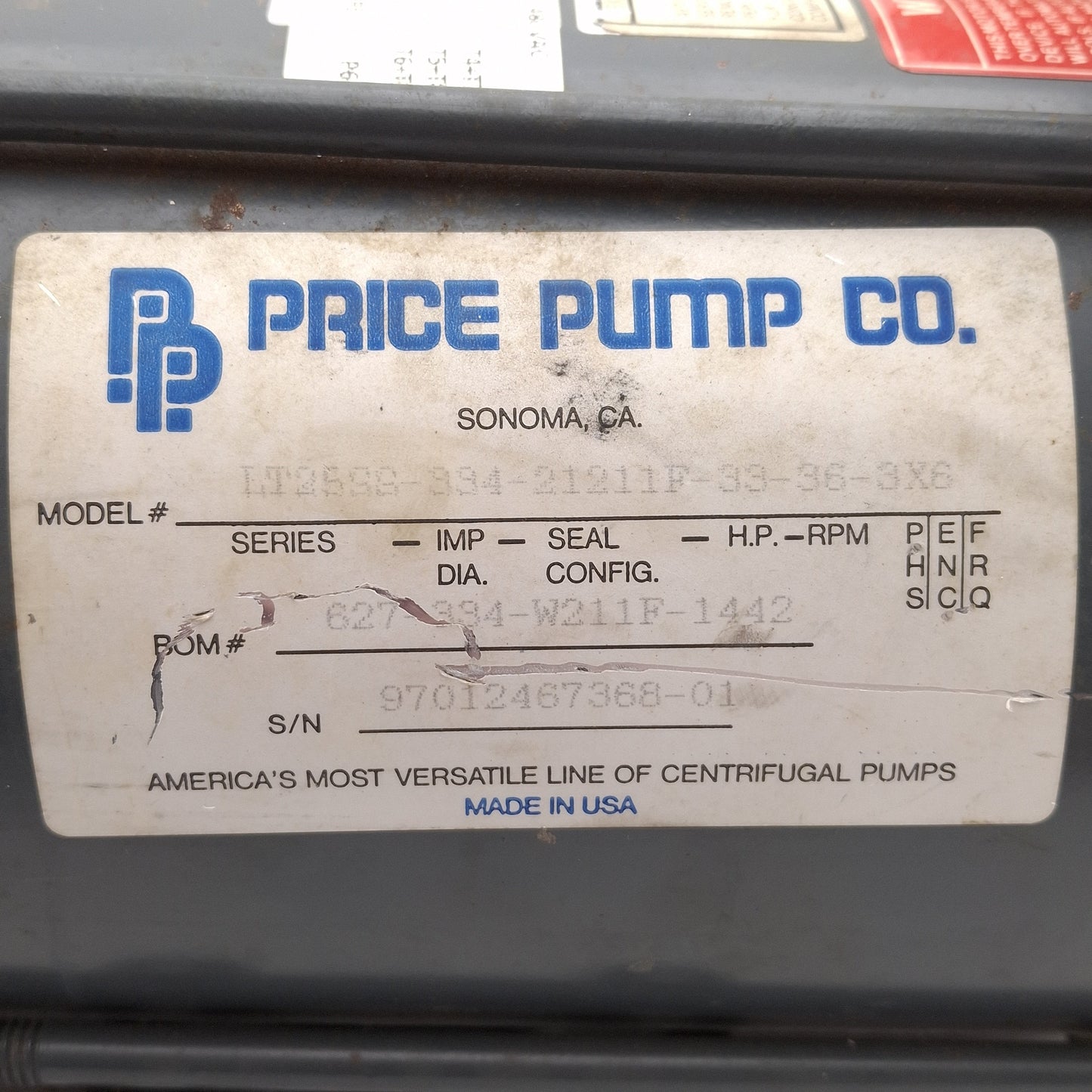 Used Price Pump LT25SS Horizontal Centrifugal Pump 1/3HP 3Ø 230/460VAC 12GPM 48' Head