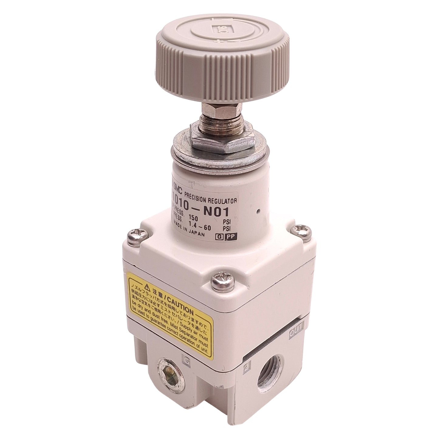 Used SMC IR1010-N01 Precision Regulator, 150psi Max Inlet, 1.4-60psi Out, 1/8" NPT