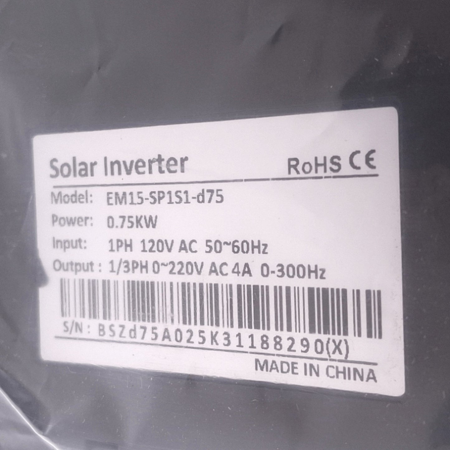 New ATO EM15-SP1S1-d75 Solar Inverter VFD, 1/3ph 0-220VAC 4A 0-300Hz, 0.75kW Max