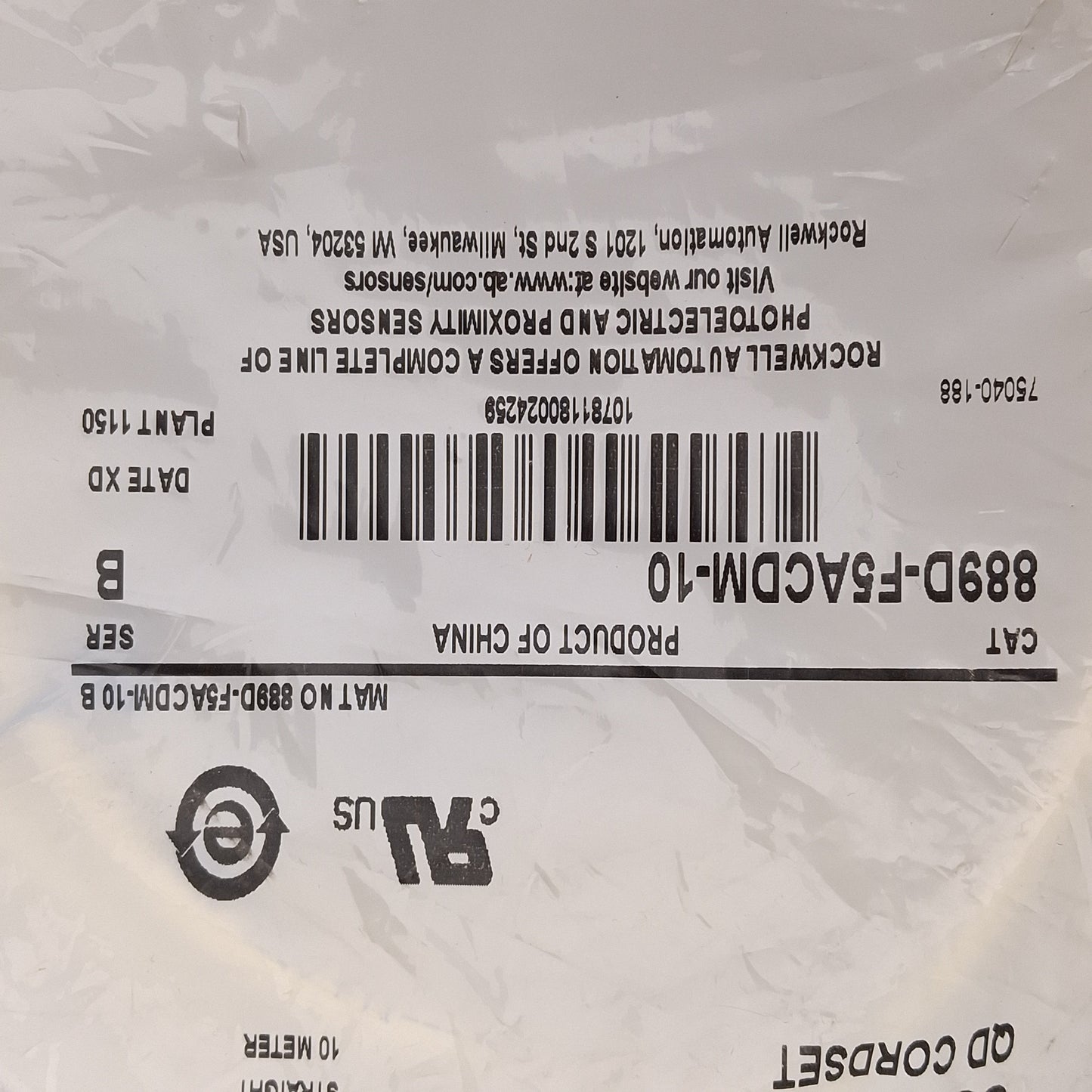 New Allen Bradley 889D-F5ACDM-10 Cordset, DC Micro M12 5-Pin Male to Female, 10m