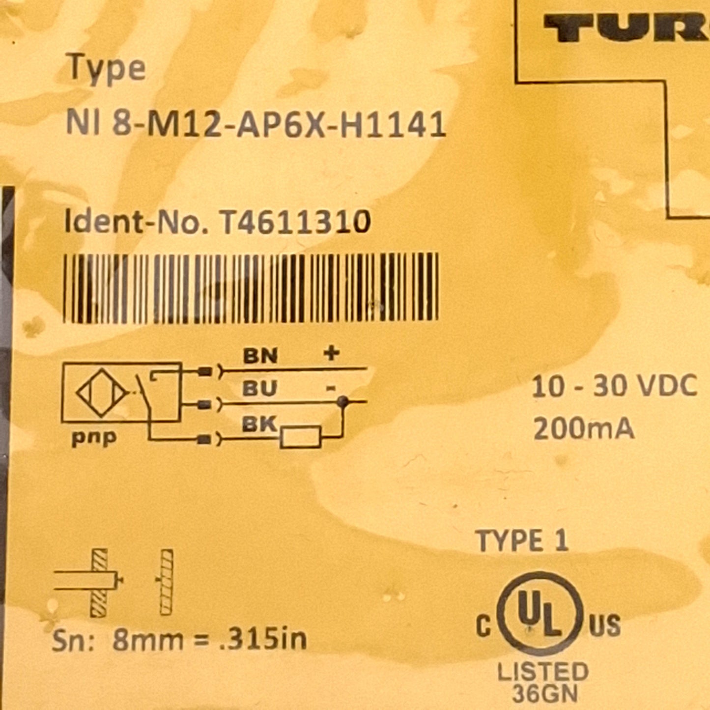 New Turck Ni8-M12-AP6X-H1141 Inductive Proximity Sensor, 8mm, PNP-NO, M12, 10-30VDC