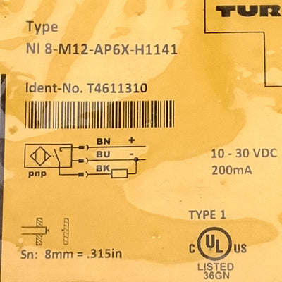 New Turck Ni8-M12-AP6X-H1141 Inductive Proximity Sensor, 8mm, PNP-NO, M12, 10-30VDC