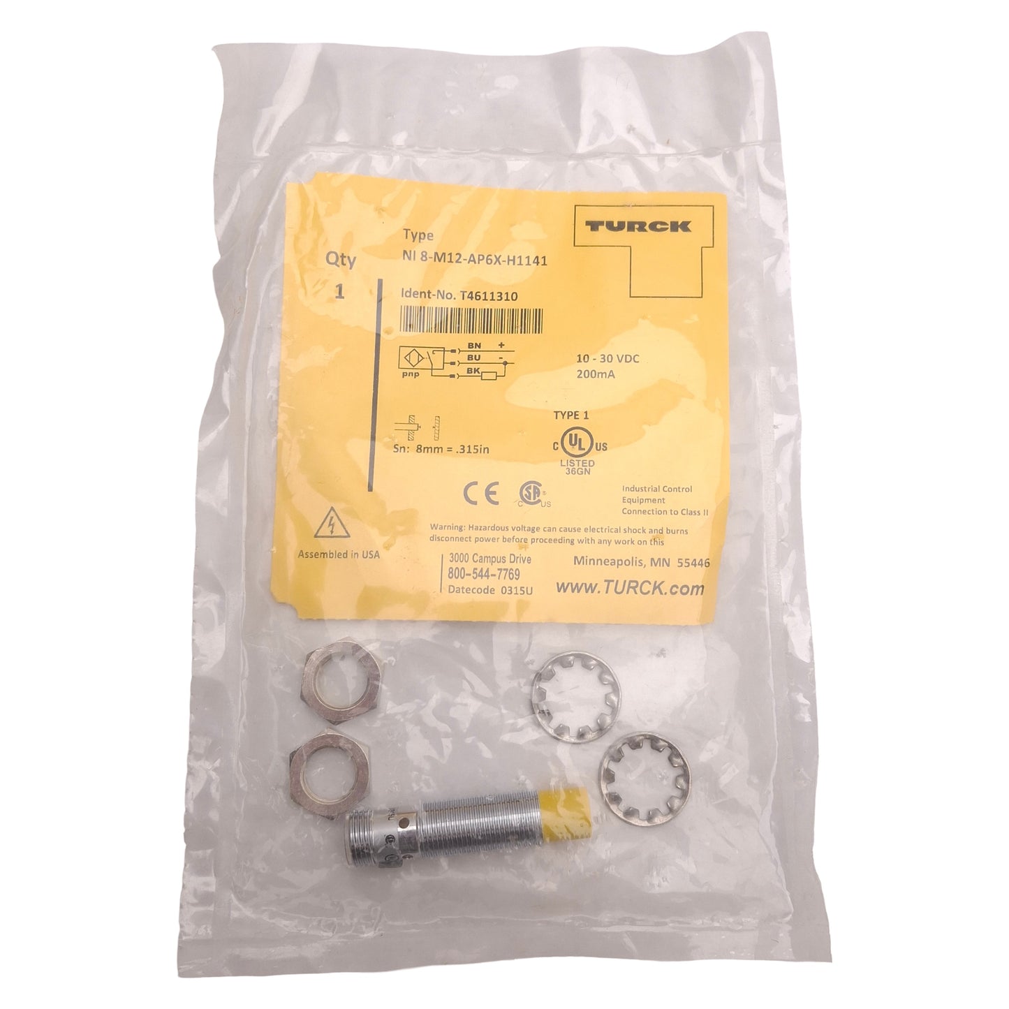 New Turck Ni8-M12-AP6X-H1141 Inductive Proximity Sensor, 8mm, PNP-NO, M12, 10-30VDC