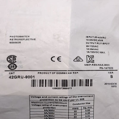 New Allen Bradley 42GRU-9001 Photoelectric Sensor, 30ft Range, SPDT, 55VDC/40VAC, 2m
